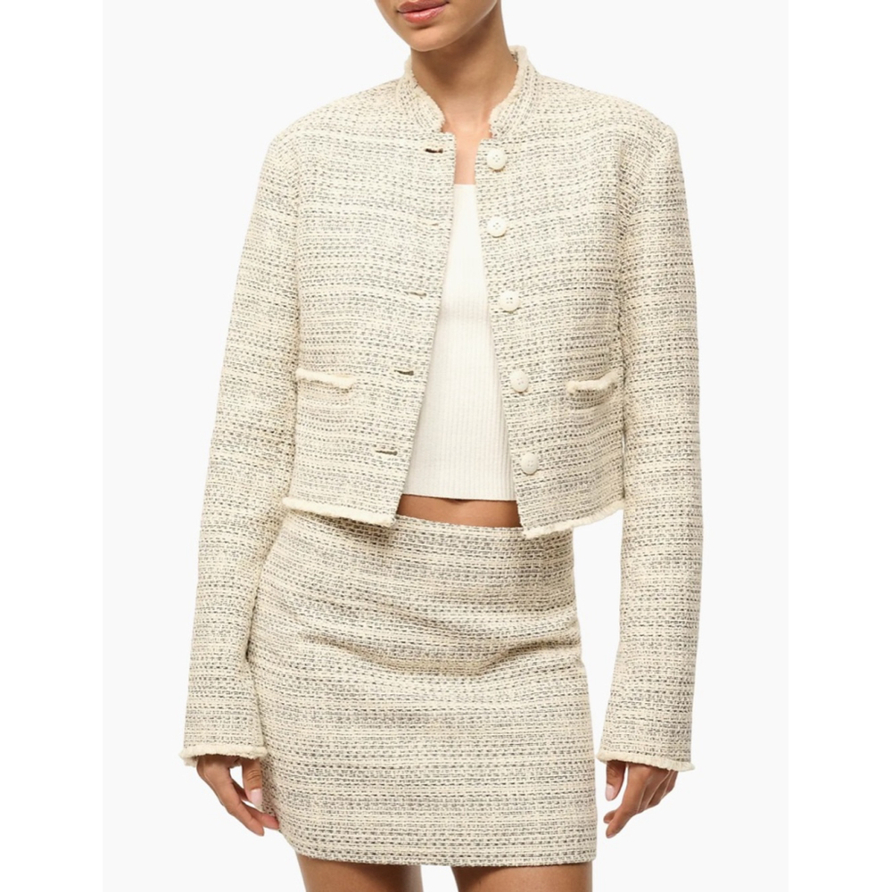 STAUD Tweed Cropped Jacket Cream Textured Cotton Blend Size Large
